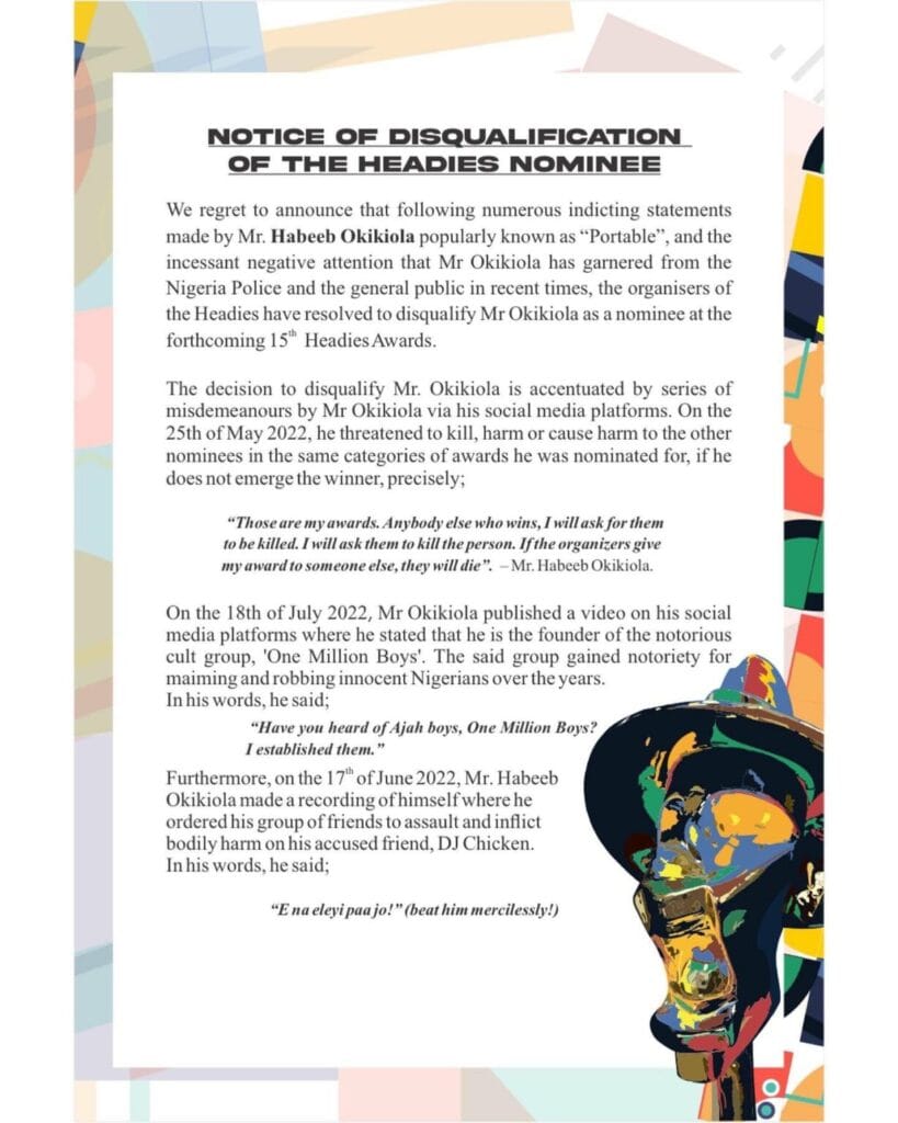 Headies disqualifies Portable