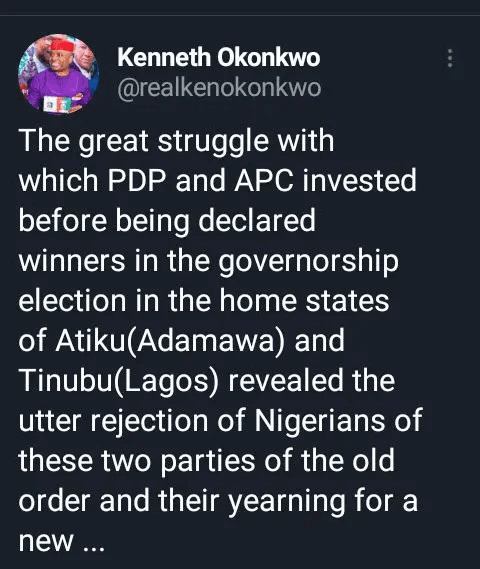 Okonkwo: The Battle With PDP & APC Revealed A Rejection Of The Outdated Order Craving For A New One