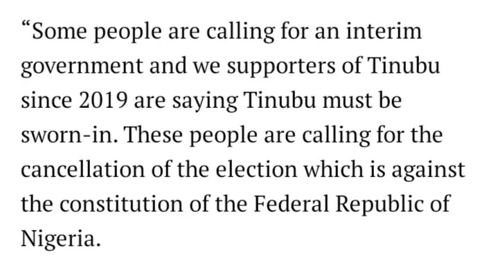 Tinubu: APC support group kicks against call for interim government, says Tinubu will likely be sworn in