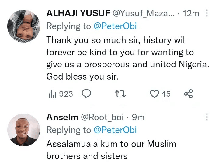 Reactions trails as Peter Obi shares photo of himself in Muslim attire as he wishes them Happy Sallah