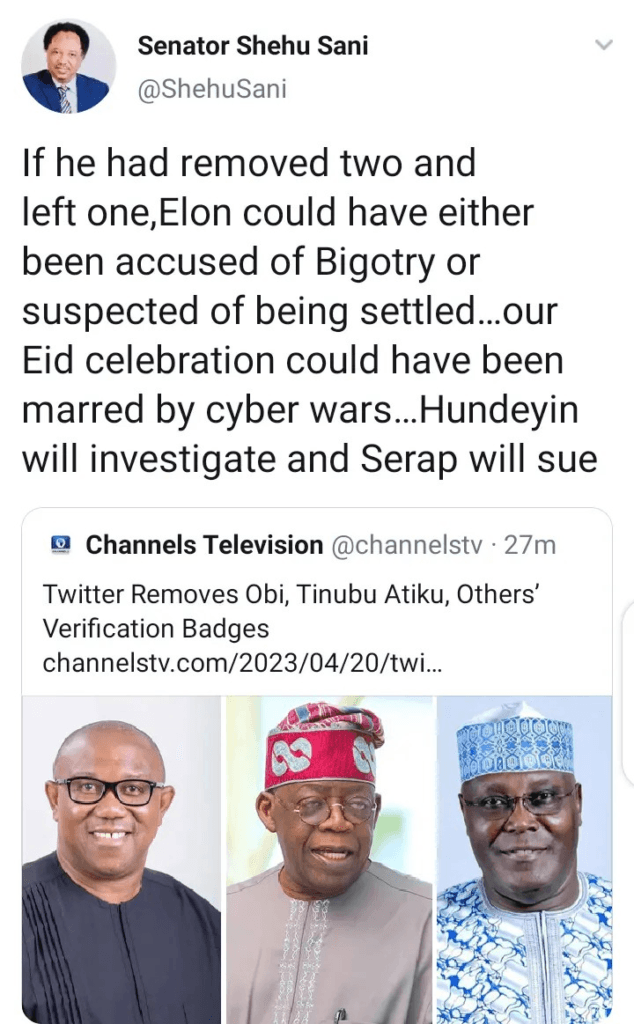 Shehu Sani React as Elon Musk Removes the Verification Badges of Atiku, Peter Obi and Bola Tinubu