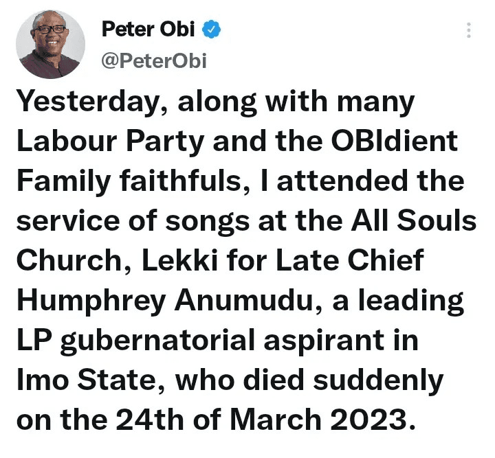 Reactions As Obi Attend The Service Of Song Of Late Anumudu Alongside With LP Member & Obidients