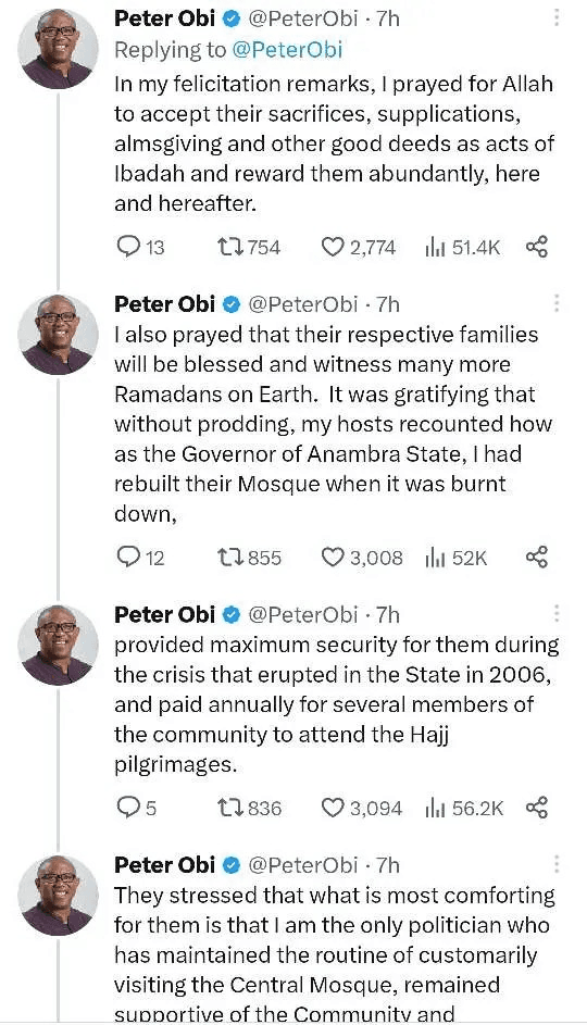 Peter Obi visits Muslims in Anambra with luggage of rice, mushy drinks, others