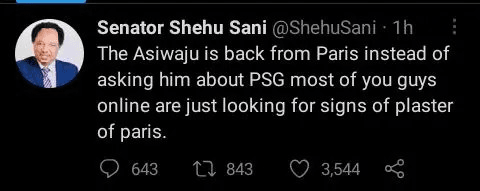 Shehu Sani: Tinubu Is Back From Paris, Instead Of Asking Him Of PSG, Guys Are Looking For Plaster Of Paris
