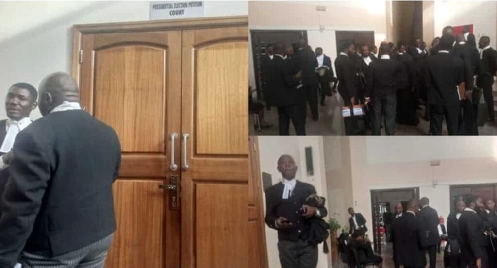 Tinubu, Atiku & Peter Obi Lawyers hang around as courtroom for presidential tribunal remains shut, photos emerge