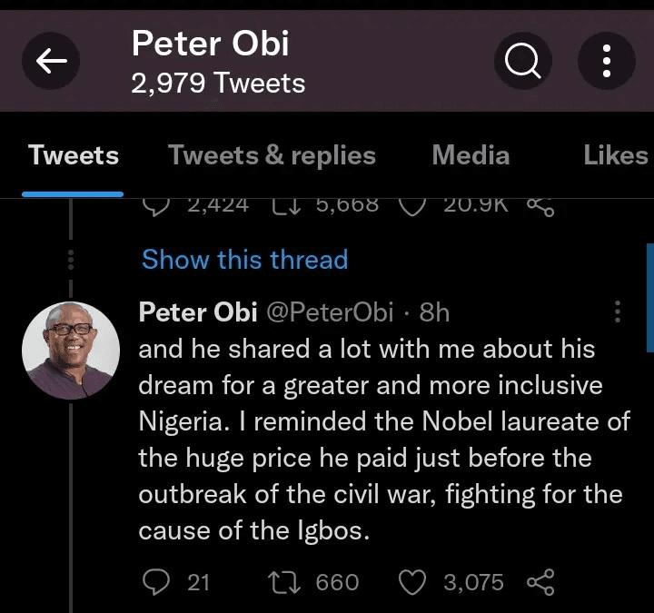 Peter Obi Says After He Met Soyinka - I Reminded Him Of The Price He Paid Fighting For The Cause Of Igbos