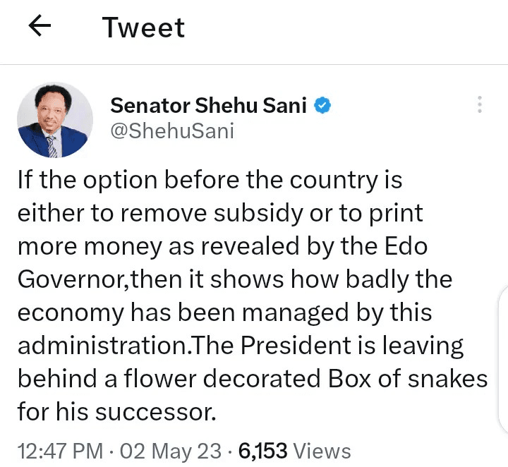 Shehu Sani Reacts As Obaseki Stated Salaries payment Will Be impossible Until Subsidy Elimination