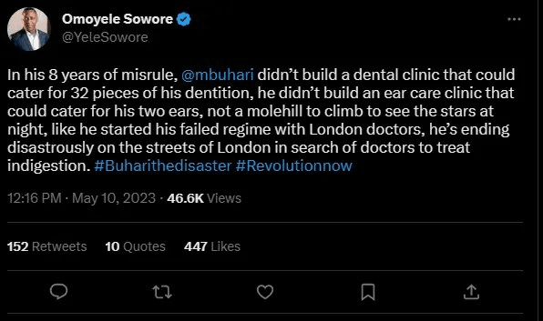 BREAKING: Sowore Attack Buhari over London trip for teeth treatment