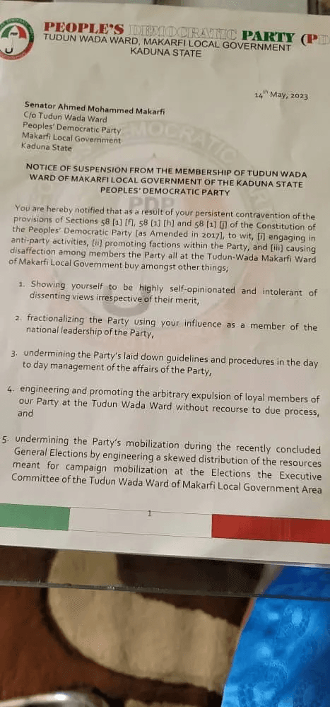 BREAKING: PDP Suspends former Kaduna State Governor Ahmed Mohammed Makarfi