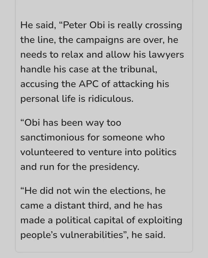 APC Reacts to Claims by Peter Obi that the Ruling Party is Attacking His Private Life