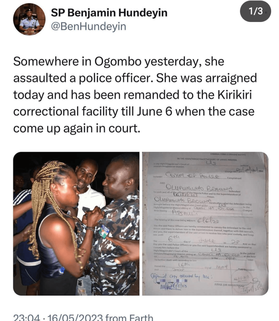 Woman remanded in Kirikiri jail for assaulting police officer