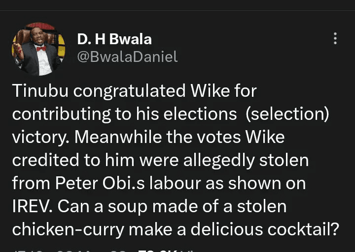 2023 Election: Bwala - The Votes Wike Credited to Tinubu were Allegedly Stolen from Peter Obi