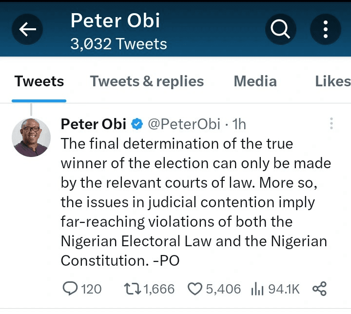 "The True Winner of an Election Can only be declared by the Court" - Peter Obi