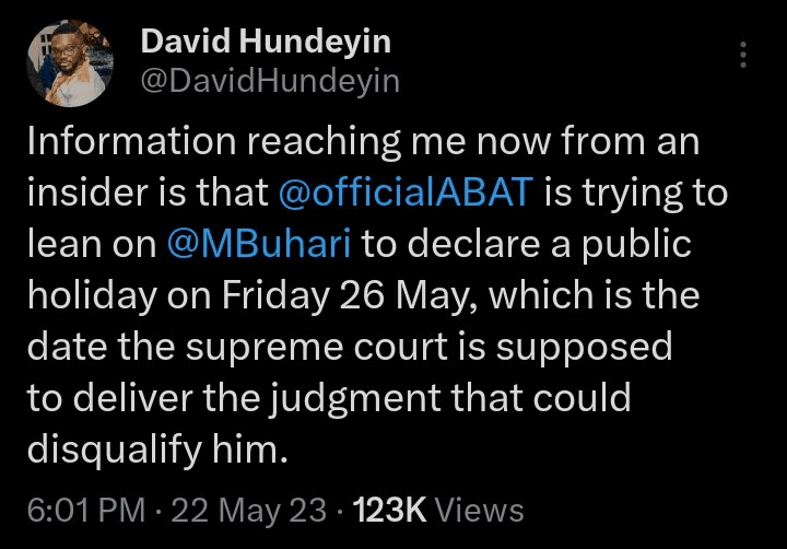 Tinubu Is Trying To Lean On Buhari To Declare A Public Holiday On May 26th — David Hundeyin