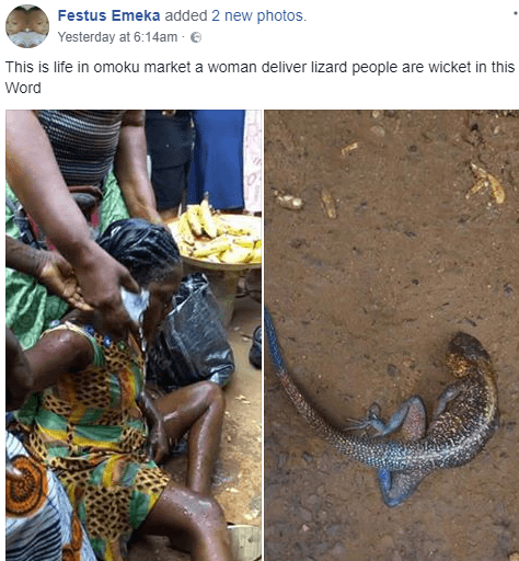 Nigerian woman allegedly gives birth to a Lizard in the market square (Photos)