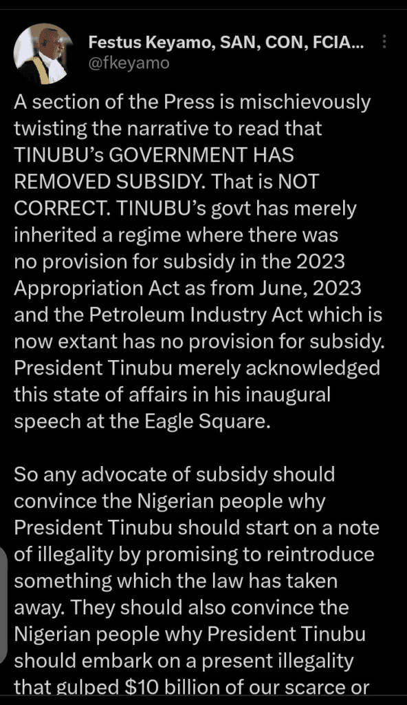 Fuel Subsidy: Reactions Trail As Keyamo's Tweet After Tinubu's Statement