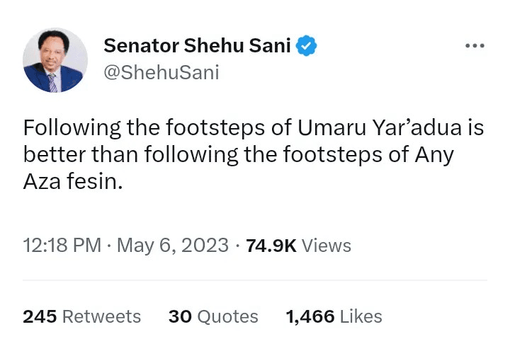 Reactions Trail As Sen. Shehu Sani Tweet About Tinubu's Promise to Follow the Footsteps of Umaru Yar’adua