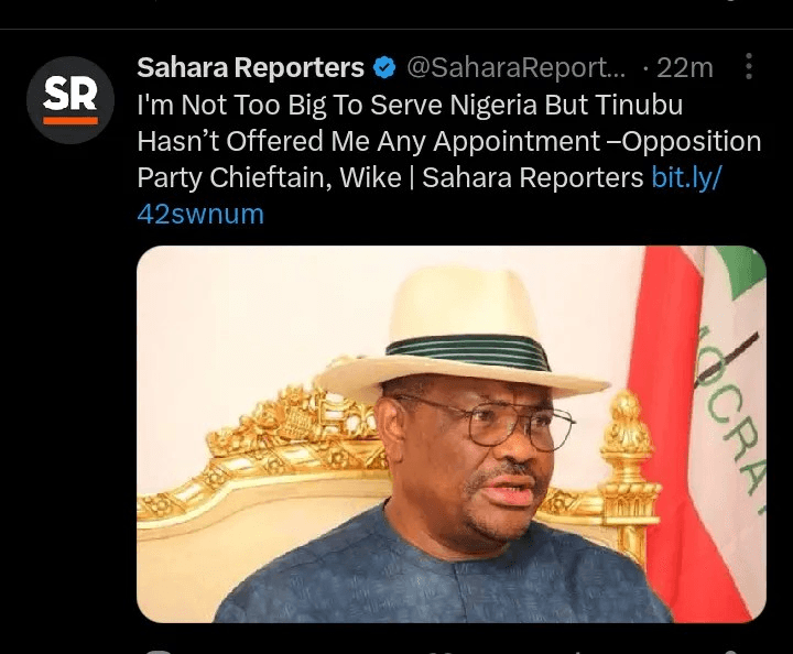 President Tinubu Has Not Offered Me Any Appointment - Ex Gov, Nyeson Wike Reveals
