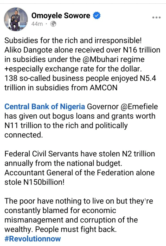 Aliko Dangote Alone Received 16 Trillion Naira In Subsidies Under Buhari Regime - Omoyele Sowore Alleges