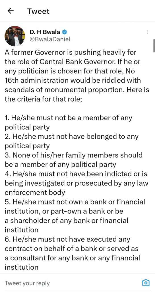 A former Governor is Craving heavily for the role of Central Bank Governor – Daniel Bwala