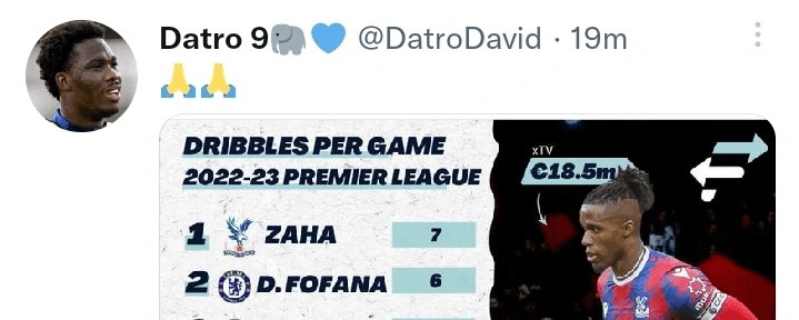 Chelsea striker reacts as he was ranked second in EPL's highest dribbles per game for 2022/23 season