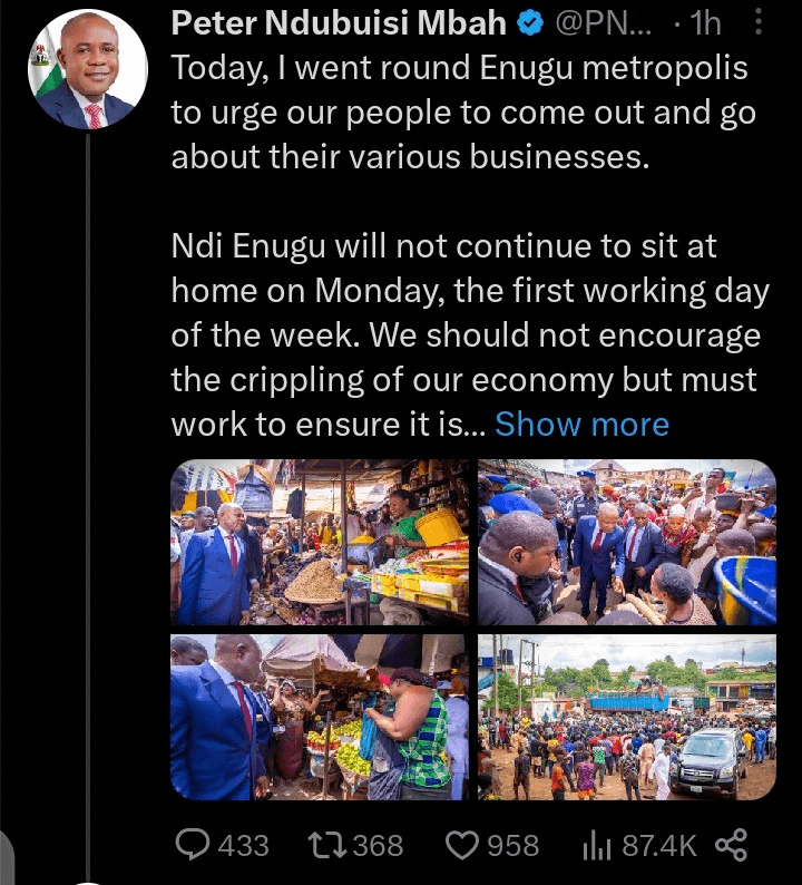 Sit-At-Home: Reactions As Crowd Hails Enugu Gov Moment He Storms Market To Tell People To Come Out