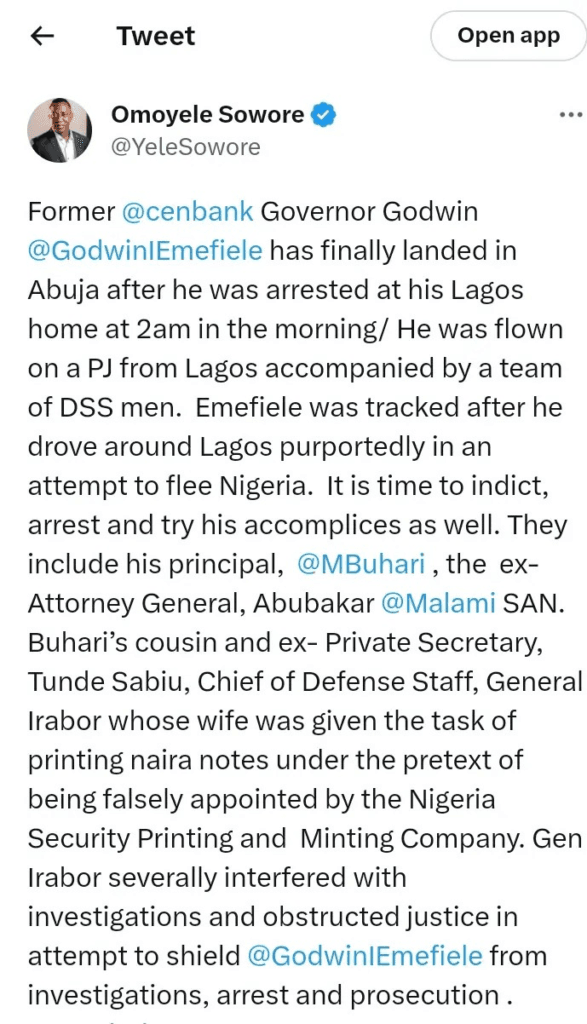 Reaction As Sowore Calls for Arrest of Buhari and Malami After Emefiele's Suspension
