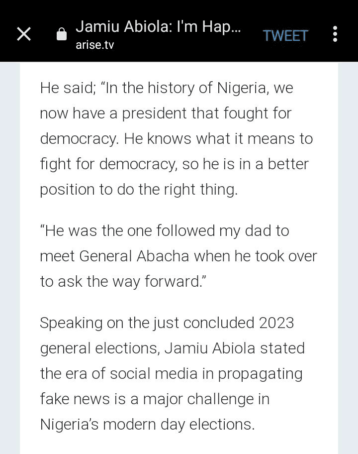 MKO Abiola's Son Says Tinubu Followed His Dad to Meet Abacha in Hopes of Finding a Way Forward for Nigeria