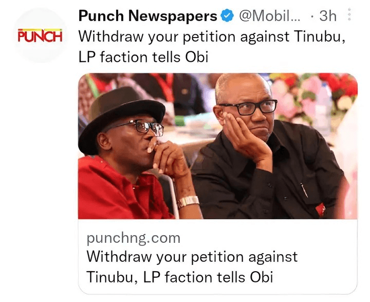 "Withdraw your Petition Against Tinubu." Lamidi Apapa's LP faction tells Obi