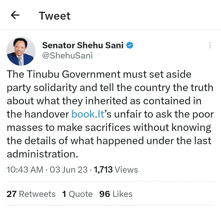 Tinubu should set aside party solidarity & tell us what he inherited in previous administration – Sani