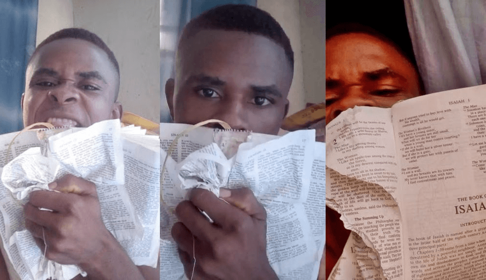 “God Has No Power” Nigerian Man Tears The Holy Bible Into Pieces &Amp; Uses It As ‘Toilet Paper (Photos)