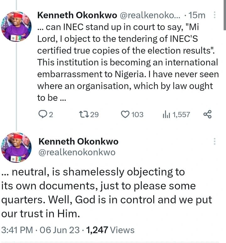 In court today, INEC stood up and objected to the true certified copy of their results – Kenneth Okonkwo