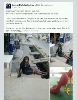 Nigerian Lady Who Wore A High Heel Shoe while going out Falls Inside Gutter (Watch)