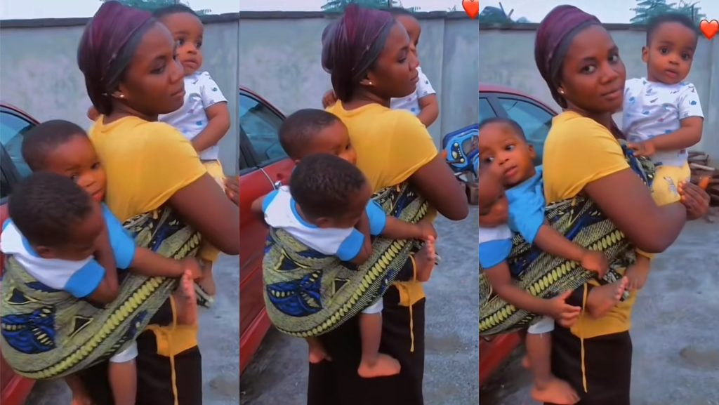 “Triplets Blessings”: Nigerian Mom of Triplets Backs & Carries Them All at Once in a Cute Video