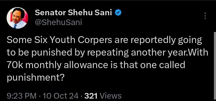 Shehu Sani Questions NYSC Punishment, Suggests 70k Monthly Allowance Reduces Its Impact