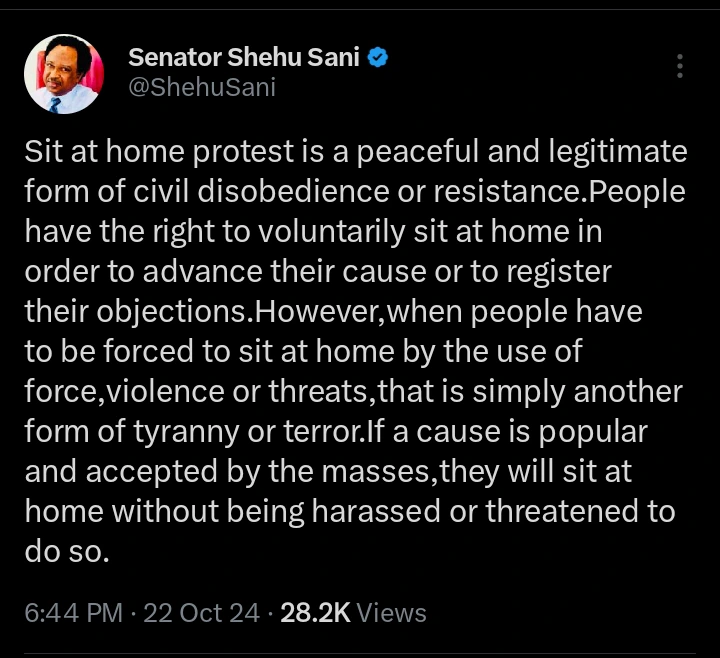 Shehu Sani Criticizes ‘Sit-At-Home’ Orders, Calls Them Acts of Tyranny and Terror 47 Shehu Sani Criticizes ‘Sit-At-Home’ Orders, Calls Them Acts of Tyranny and Terror