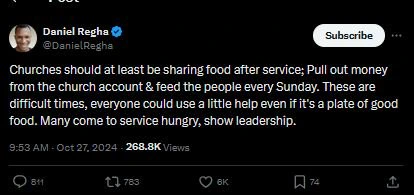 Daniel Regha Urges Churches to Withdraw Funds and Provide Sunday Meals for Members