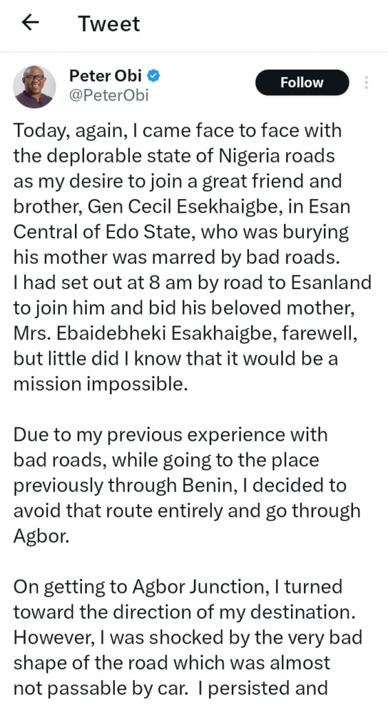 Peter Obi Sparks Reactions by Sharing Photos of Poor Road Conditions in Edo State