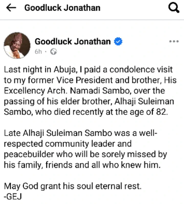 Goodluck Jonathan Pays Condolence Visit to Former VP Namadi Sambo Over Brother’s Passing