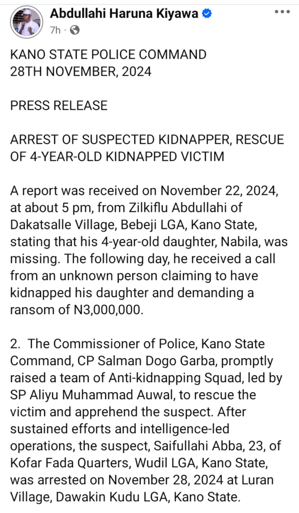 Kidnapper Arrested at Hideout After Abducting 4-Year-Old Girl and Demanding ₦3 Million Ransom