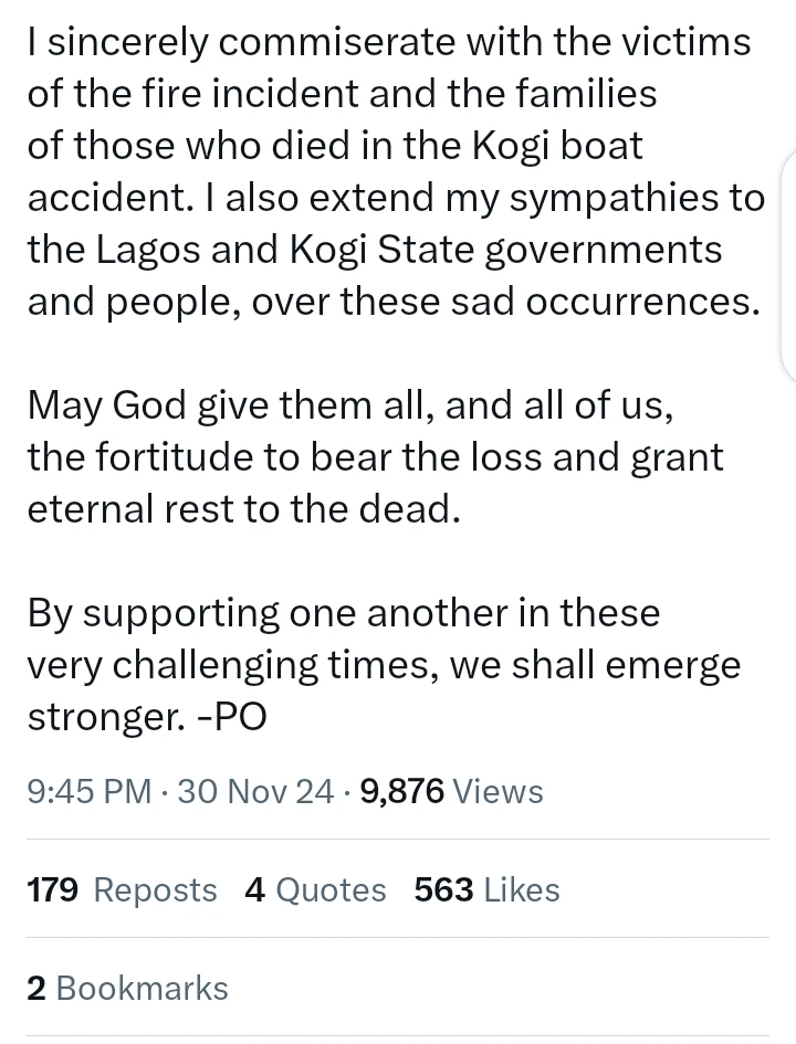 Peter Obi Responds to Fire Outbreak at Popular Spare Parts Market in Lagos