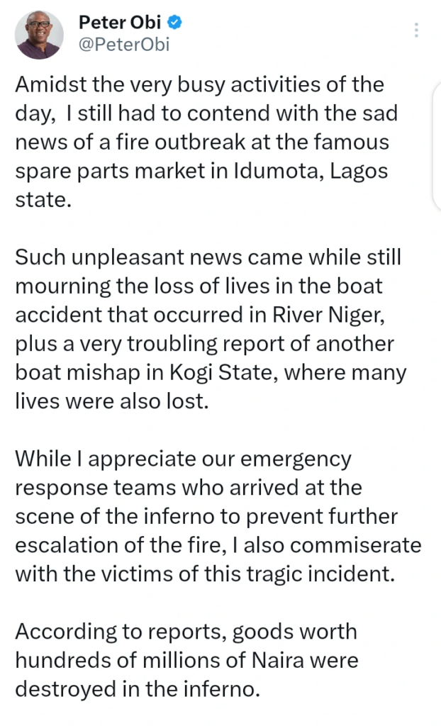 Peter Obi Responds to Fire Outbreak at Popular Spare Parts Market in Lagos