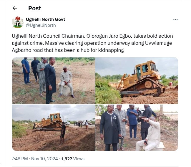 Delta Police PRO Responds After Local Government Chairman Deploys Bulldozer to Clear Kidnappers' Hideout