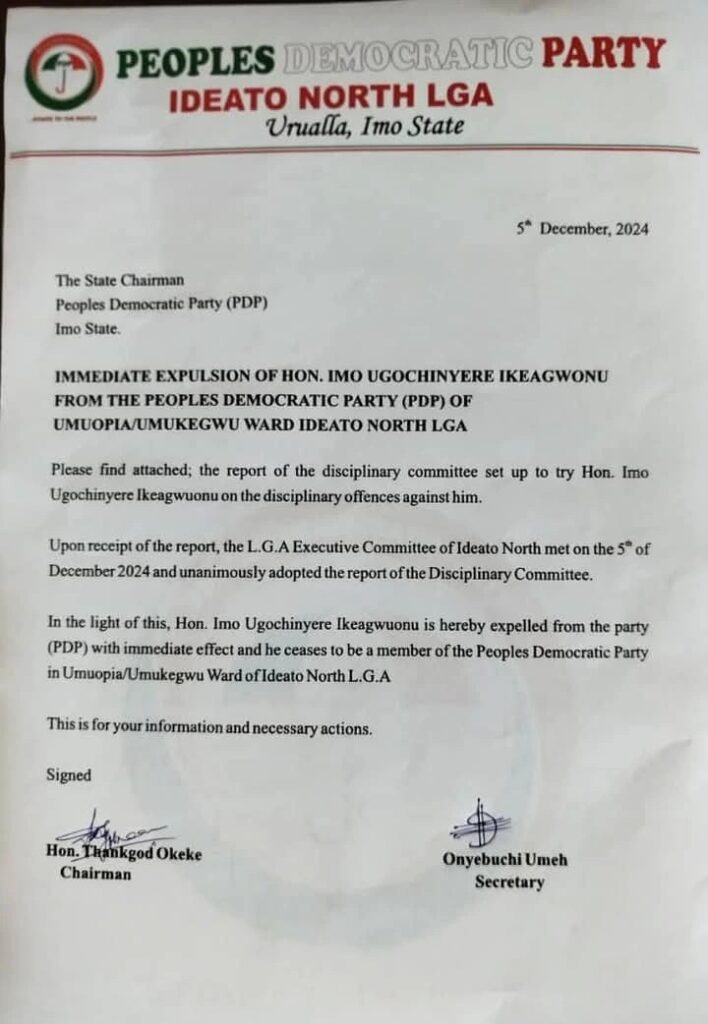 BREAKING: PDP Expels Federal Lawmaker Ikenga Ugochinyere Over Misconduct