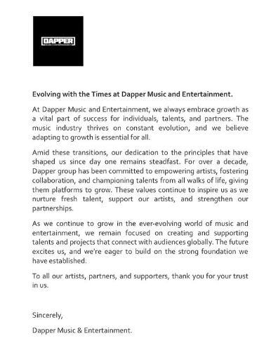Dapper Music Addresses Controversy Surrounding Artists' Departure.