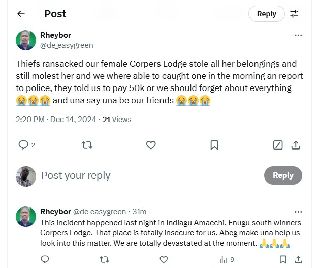 Man Accuses Police of Demanding N50,000 After Thief Who Broke into Corpers' Lodge Was Caught