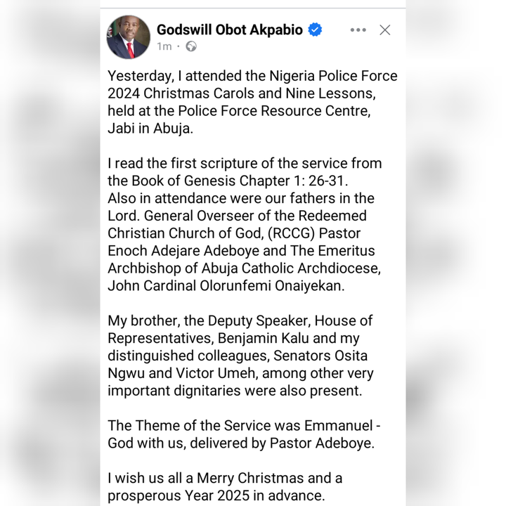 Senate President Godswill Akpabio Joins John Cardinal Onaiyekan at Police Force Christmas Carol in Abuja