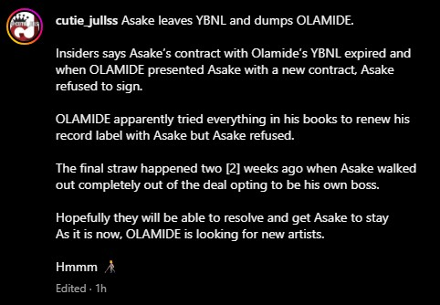 Asake Allegedly Splits from Olamide’s YBNL, Declines to Renew Contract