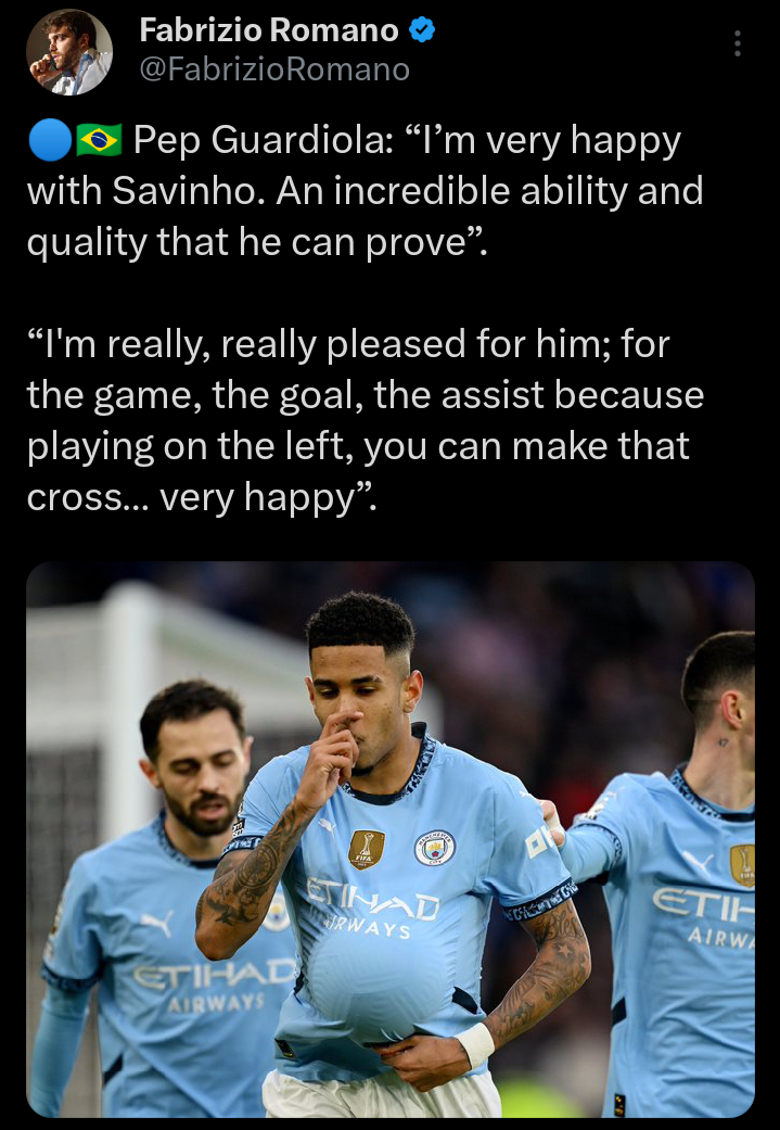 Pep Guardiola Delighted as Savinho Nets His First Goal for the Club