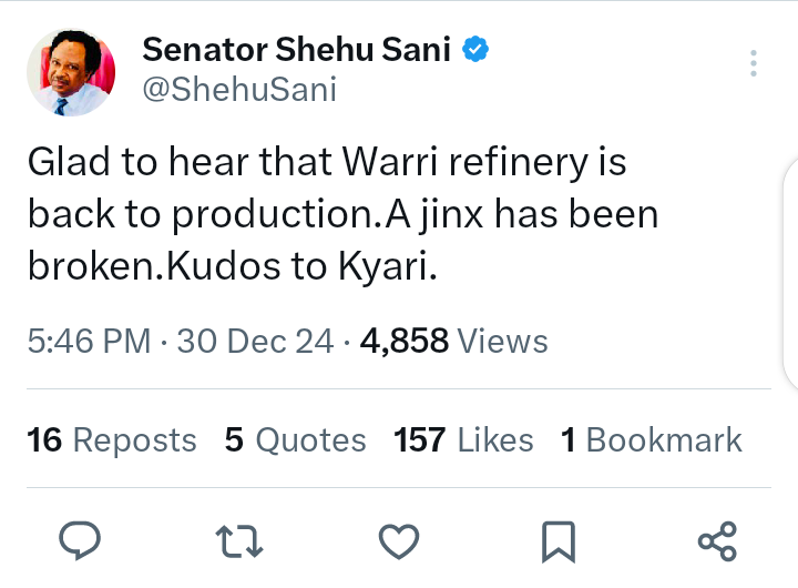 Reactions Trail Shehu Sani's Comment After Hearing That Warri Refinery Has Commenced Operation